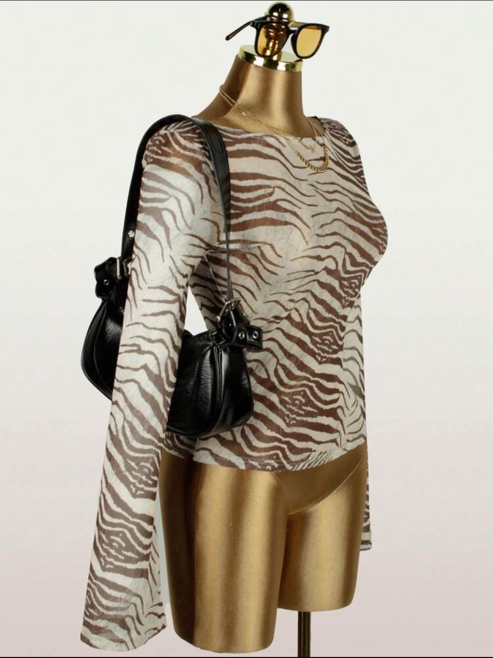 Sheer Tiger-Print Y2K Mesh Stretchy Long-Sleeve Top - Taupe/Beige - Picture 6 of 10